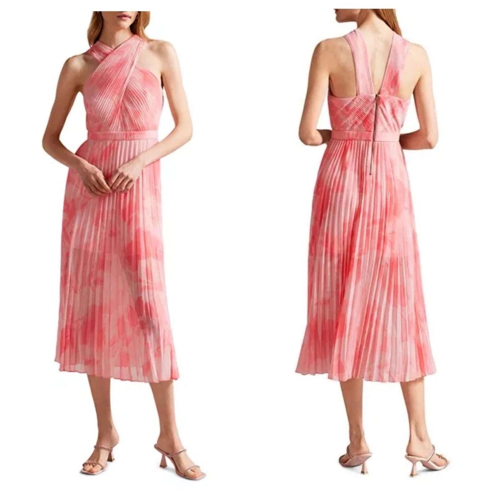 NWT Ted Baker Allover Mirelia Crisscross Halter Pleated Midi‎ Dress Pink L Party
